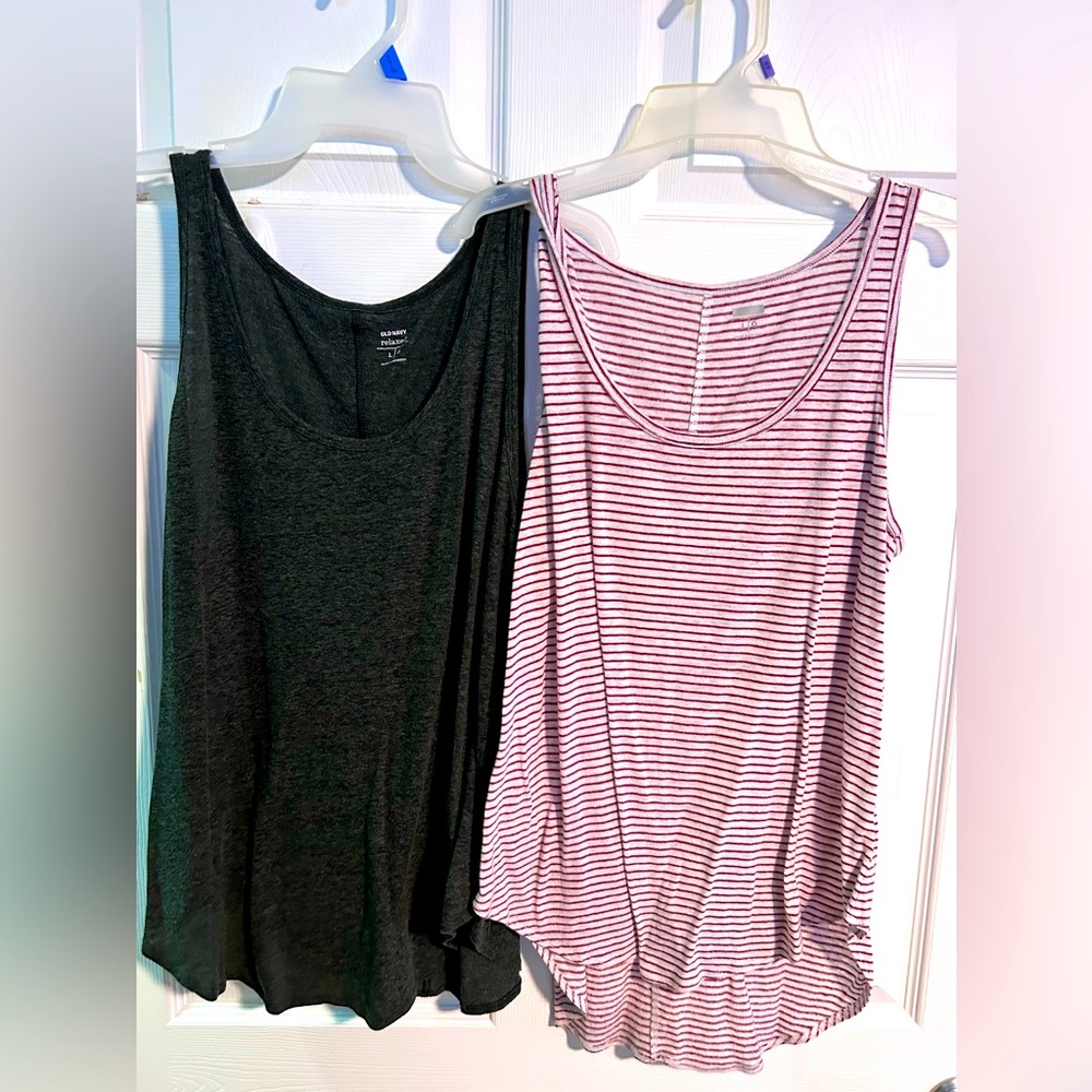 2 Large old navy tank tops. Dark green and the other is a red and white stripe.